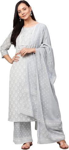 Women's Cotton Printed 3/4 Sleeve Round Neck Embrodriery Straight Kurta With Palazzo & Dupatta Set in Saudi Arabia