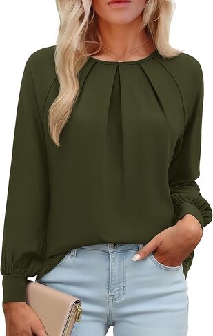 YUCOLEN Long Sleeve Shirts for Women Pleated Dressy Casual Business Blouses Crew Neck Loose Trendy Tunic Tops in Saudi Arabia