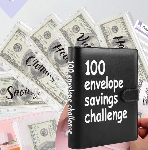 100 Envelopes Money Saving Challenge, 100 Envelope Challenge Binder, Easy and Fun Way to Save $5,050, Savings Challenges Budget Book Binder with Cash Envelopes for Office,Home,School (Black) in Saudi Arabia