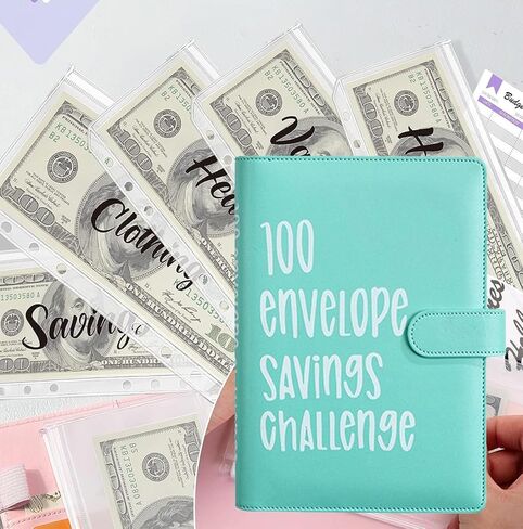 تحدي توفير المال في 100 ظرف، مجلد تحدي 100 ظرف، طريقة سهلة وممتعة لتوفير 5.050 دولارًا، حافظة كتب الميزانية لتحديات التوفير مع مظاريف نقدية للمكتب والمنزل والمدرسة (أخضر) in Saudi Arabia