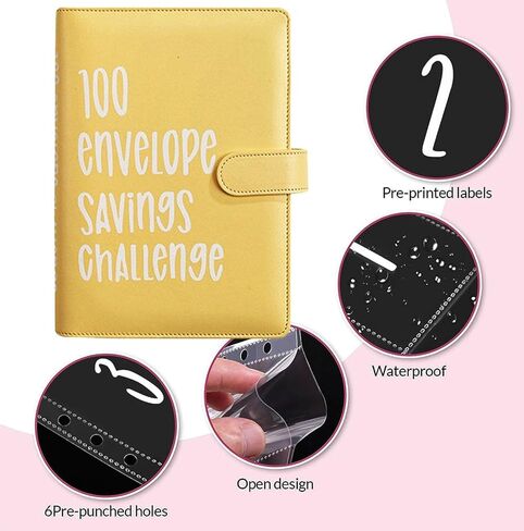 100 Envelopes Money Saving Challenge, 100 Envelope Challenge Binder, Easy and Fun Way to Save $5,050, Savings Challenges Budget Book Binder with Cash Envelopes for Office,Home,School (Yellow) in Saudi Arabia