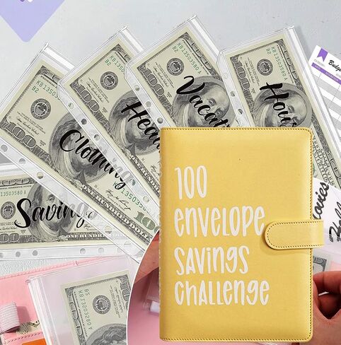 100 Envelopes Money Saving Challenge, 100 Envelope Challenge Binder, Easy and Fun Way to Save $5,050, Savings Challenges Budget Book Binder with Cash Envelopes for Office,Home,School (Yellow) in Saudi Arabia