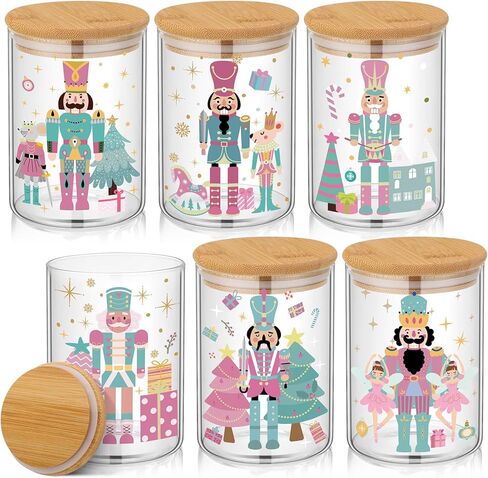 6 Pcs Pastel Christmas Glass Storage Jars with Airtight Bamboo Lid Pink Blue Nutcrackers Christmas Icon Glass Jars Canister Set for Home Winter Xmas Kitchen Countertop in Saudi Arabia