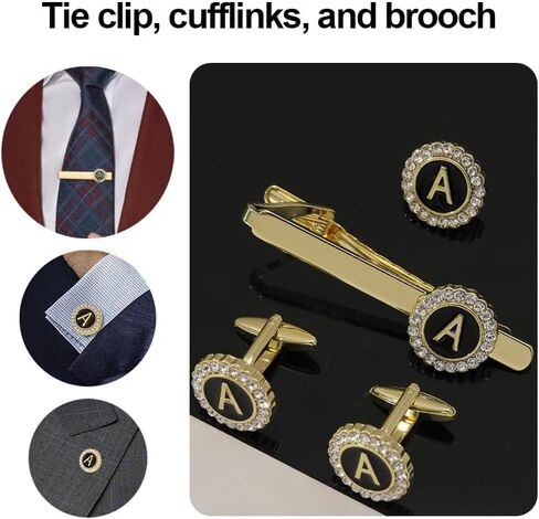 Fashion Cuff Links for Men, Tie Clip & Brooch (Set of 4), Gold Dress Suit Jewelry Accessories with Engraved Letter A for Formal Business, Wedding, Anniversaries in Saudi Arabia