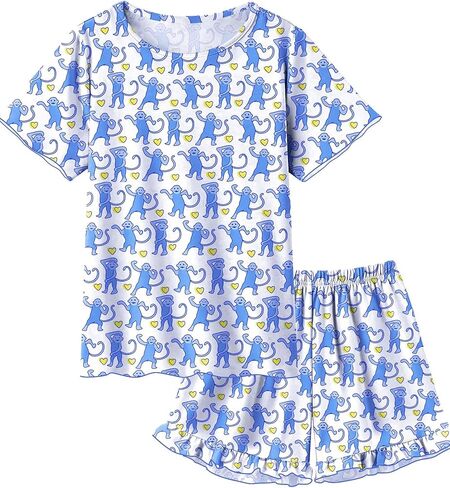 SWOMOG Girls Pajama Set Short Sleeve Tops & Ruffled Shorts with Pocket 2 Piece Summer Pajamas for Kids Size 6-15 in Saudi Arabia