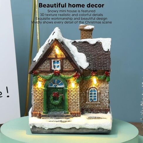Christmas Village House, Snowy Small House with Vivid 3D Texture LED Lighted Christmas Decoration, with Warm Lights, for Home Decor Garden Landscape (A) in Saudi Arabia