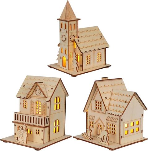 BESPORTBLE Wooden Christmas Village Houses Set of 3 - LED Light Up Mini Houses for Holiday Decor, 2025 New Rustic Farmhouse Christmas Decorations, Indoor Tabletop Decor for Home, Office, Mantel in Saudi Arabia