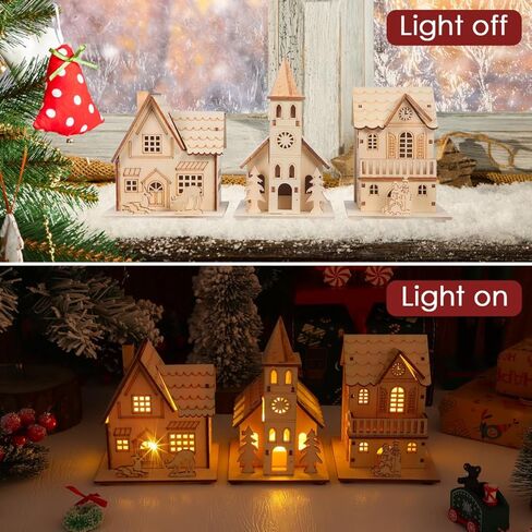 BESPORTBLE Wooden Christmas Village Houses Set of 3 - LED Light Up Mini Houses for Holiday Decor, 2025 New Rustic Farmhouse Christmas Decorations, Indoor Tabletop Decor for Home, Office, Mantel in Saudi Arabia