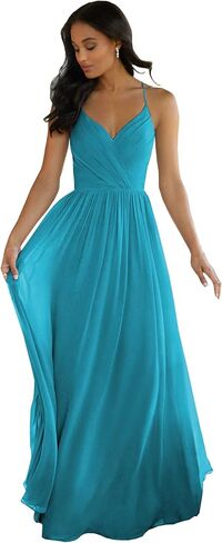 فساتين وصيفة العروس برقبة على شكل V للنساء طويلة لحفلات الزفاف على شكل حرف a شيفون مفتوح الظهر فستان رسمي مع جيوب in Kuwait