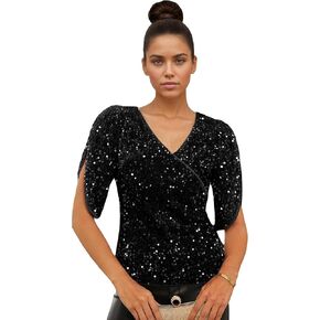 قمصان علوية نسائية بالترتر 3/4 كم سباركلي للنساء، قميص برقبة على شكل حرف V مزين بالترتر in Kuwait