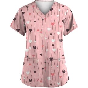 Valentines Tops for Women Heart Printed Stretchy Scrubs V Neck Short Sleeve Nursing Working Uniform with Pocket in Saudi Arabia