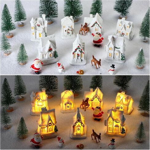 Poen LED Christmas Village Sets Lighted Resin Miniature Christmas Houses Town Figurine Display Tiny Mini Tree Winter Village Ornament Kit for Xmas Town Scene Desktop Ornament Table Decoration in Saudi Arabia
