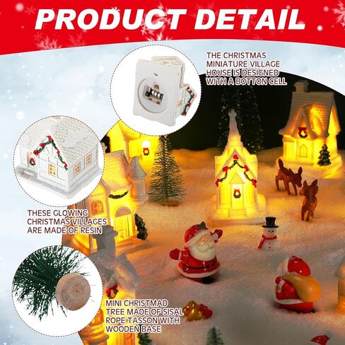 Poen LED Christmas Village Sets Lighted Resin Miniature Christmas Houses Town Figurine Display Tiny Mini Tree Winter Village Ornament Kit for Xmas Town Scene Desktop Ornament Table Decoration in Saudi Arabia
