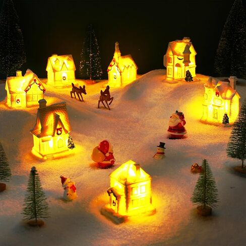 Poen LED Christmas Village Sets Lighted Resin Miniature Christmas Houses Town Figurine Display Tiny Mini Tree Winter Village Ornament Kit for Xmas Town Scene Desktop Ornament Table Decoration in Saudi Arabia