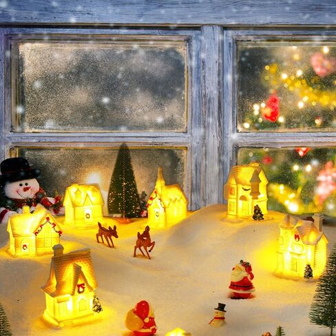 Poen LED Christmas Village Sets Lighted Resin Miniature Christmas Houses Town Figurine Display Tiny Mini Tree Winter Village Ornament Kit for Xmas Town Scene Desktop Ornament Table Decoration in Saudi Arabia