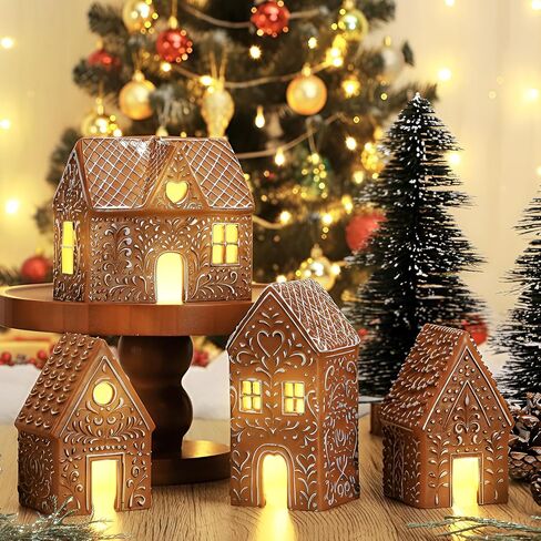 Thyle 4 Pcs Christmas Lighted Gingerbread House Decoration Resin House Village Figurine with Led Lights Rustic Gingerbread Xmas Village Home Decor for Christmas Indoor Holiday Party Decor in Kuwait