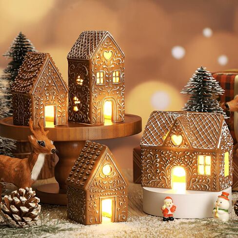 Thyle 4 Pcs Christmas Lighted Gingerbread House Decoration Resin House Village Figurine with Led Lights Rustic Gingerbread Xmas Village Home Decor for Christmas Indoor Holiday Party Decor in Kuwait