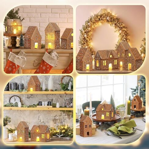 Thyle 4 Pcs Christmas Lighted Gingerbread House Decoration Resin House Village Figurine with Led Lights Rustic Gingerbread Xmas Village Home Decor for Christmas Indoor Holiday Party Decor in Kuwait