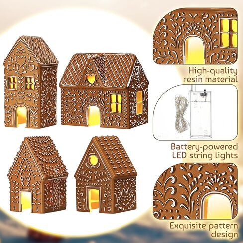 Thyle 4 Pcs Christmas Lighted Gingerbread House Decoration Resin House Village Figurine with Led Lights Rustic Gingerbread Xmas Village Home Decor for Christmas Indoor Holiday Party Decor in Kuwait