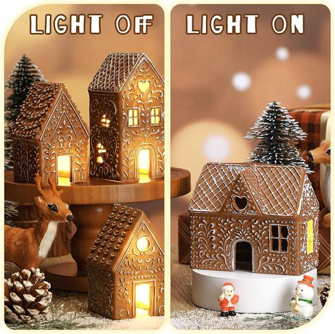 Thyle 4 Pcs Christmas Lighted Gingerbread House Decoration Resin House Village Figurine with Led Lights Rustic Gingerbread Xmas Village Home Decor for Christmas Indoor Holiday Party Decor in Kuwait