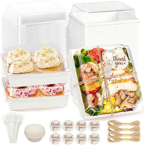 100 Pack Charcuterie Boxes with Clear Lids, 5.5 Inch Mini To Go Charcuterie Food Containers+200 Cocktail Picks+100 Lables, 504 Pcs Disposable Paper Dessert Boxes for Salads,Dessert Cake in Saudi Arabia