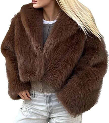 Tcremisa Womens Faux Fur Coat Fluffy Fur Cropped Jacket Winter Long Sleeve Collared Jackets Warm Shaggy Parka Outerwear in Kuwait