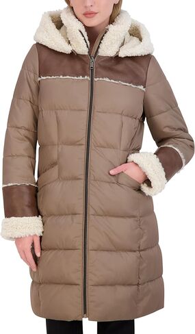 TAHARI womens Fitted Quilted Puffer Coat With Attached Hood, Faux Shearling Trim & Hand Warmer Pockets in Saudi Arabia