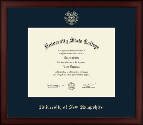 University of New Hampshire 10"w x 8"h Diploma Frame - Fits An Associate's, bachelor's and master's - Gold Embossed Diploma Frame - Cherry Moulding with Navy Matting - Officially Licensed in Saudi Arabia