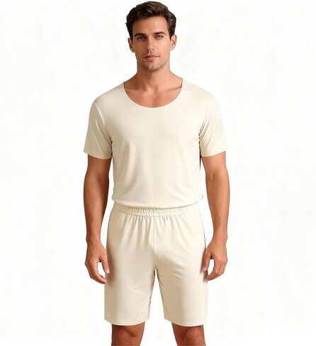 Men's Quick-Dry Pajama Set, Gray Seamless Short Sleeve Top & Shorts, Breathable Ice Silk Loungewear for Daily Home Wear in Saudi Arabia