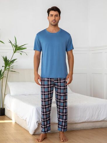 Light Blue Men's Pajama Set, Short Sleeve Pjs Sets with Plaid Pants for Mens, Pijamas Para Hombres for Home Sleep in Saudi Arabia