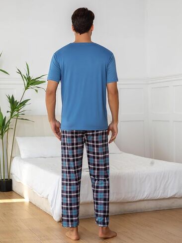 Light Blue Men's Pajama Set, Short Sleeve Pjs Sets with Plaid Pants for Mens, Pijamas Para Hombres for Home Sleep in Saudi Arabia