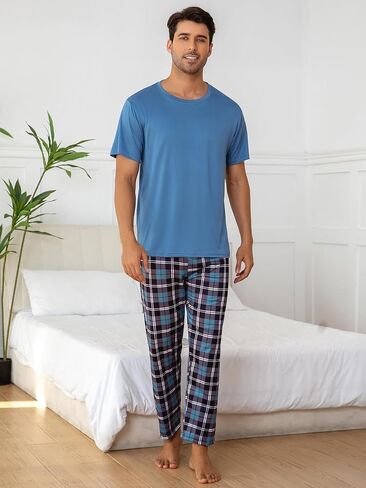 Light Blue Men's Pajama Set, Short Sleeve Pjs Sets with Plaid Pants for Mens, Pijamas Para Hombres for Home Sleep in Saudi Arabia