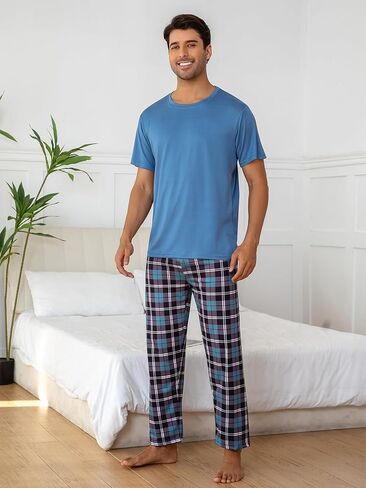 Light Blue Men's Pajama Set, Short Sleeve Pjs Sets with Plaid Pants for Mens, Pijamas Para Hombres for Home Sleep in Saudi Arabia