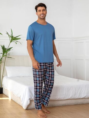 Light Blue Men's Pajama Set, Short Sleeve Pjs Sets with Plaid Pants for Mens, Pijamas Para Hombres for Home Sleep in Saudi Arabia