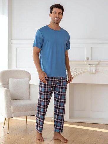 Light Blue Men's Pajama Set, Short Sleeve Pjs Sets with Plaid Pants for Mens, Pijamas Para Hombres for Home Sleep in Saudi Arabia