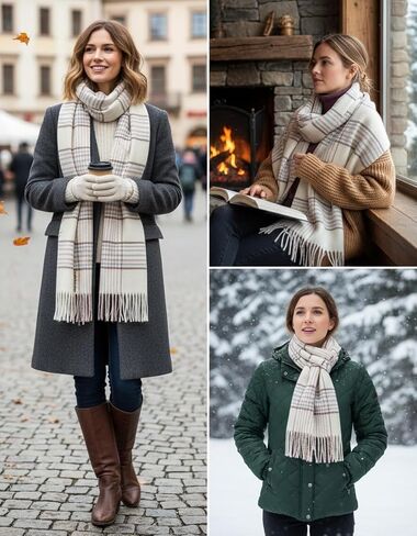 Women's Plaid-Scarf Soft-Wraps - Winter Cashmere-Feel-Shawl Cold-Weather Scarves with Tassels(26 * 70'') in Saudi Arabia