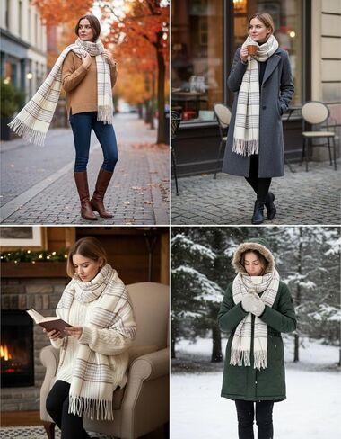 Women's Plaid-Scarf Soft-Wraps - Winter Cashmere-Feel-Shawl Cold-Weather Scarves with Tassels(26 * 70'') in Saudi Arabia