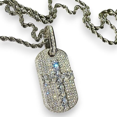 Cross Dog Tag Men Women 925 Italy White Gold Finish Iced Silver Charm Ice Out Pendant Stainless Steel Real 2 mm Rope Chain Necklace, Mens Jewelry, Iced Pendant, Rope Necklace 16"-24" in Saudi Arabia