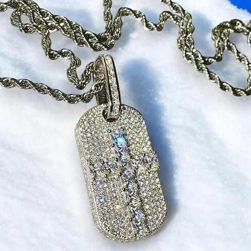 Cross Dog Tag Men Women 925 Italy White Gold Finish Iced Silver Charm Ice Out Pendant Stainless Steel Real 2 mm Rope Chain Necklace, Mens Jewelry, Iced Pendant, Rope Necklace 16"-24" in Saudi Arabia
