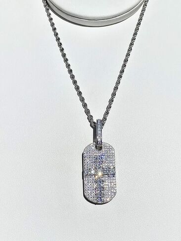 Cross Dog Tag Men Women 925 Italy White Gold Finish Iced Silver Charm Ice Out Pendant Stainless Steel Real 2 mm Rope Chain Necklace, Mens Jewelry, Iced Pendant, Rope Necklace 16"-24" in Saudi Arabia