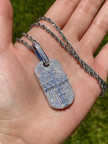 Cross Dog Tag Men Women 925 Italy White Gold Finish Iced Silver Charm Ice Out Pendant Stainless Steel Real 2 mm Rope Chain Necklace, Mens Jewelry, Iced Pendant, Rope Necklace 16"-24" in Saudi Arabia