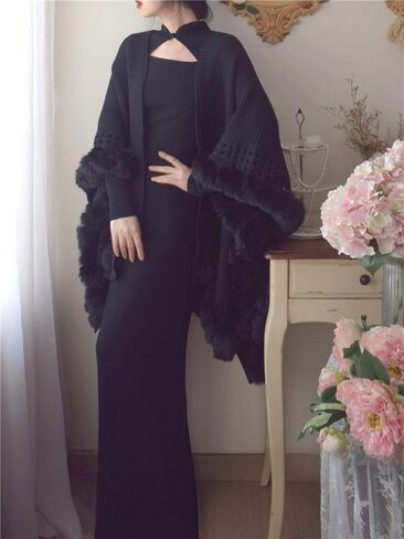 Engerla Fashion Knitting Faux Fur Wraps Winter Warmth Shawls Scarf Stoles Cape Cloak Outwear Coat in Kuwait