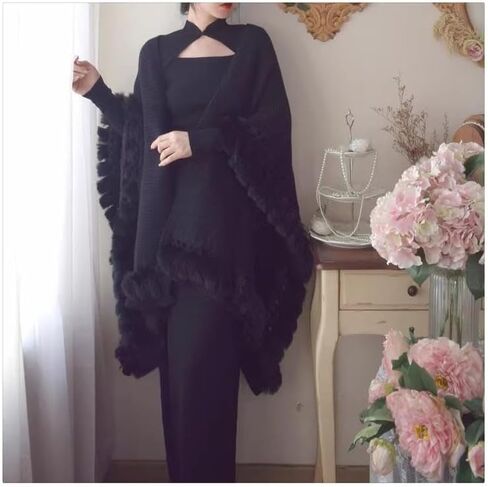 Engerla Fashion Knitting Faux Fur Wraps Winter Warmth Shawls Scarf Stoles Cape Cloak Outwear Coat in Kuwait