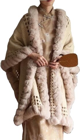Engerla Fashion Knitting Faux Fur Wraps Winter Warmth Shawls Scarf Stoles Cape Cloak Outwear Coat in Kuwait