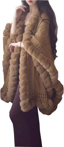 Engerla Fashion Knitting Faux Fur Wraps Winter Warmth Shawls Scarf Stoles Cape Cloak Outwear Coat in Kuwait