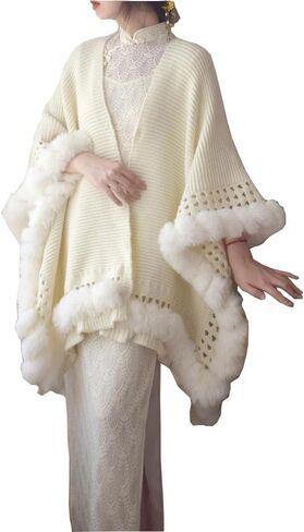 Engerla Fashion Knitting Faux Fur Wraps Winter Warmth Shawls Scarf Stoles Cape Cloak Outwear Coat in Kuwait