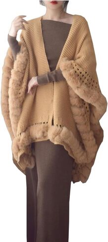 Engerla Fashion Knitting Faux Fur Wraps Winter Warmth Shawls Scarf Stoles Cape Cloak Outwear Coat in Kuwait