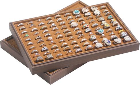 2Pcs/Set Ring Organizer Tray, Stackable Jewelry Organizer Trays for Drawer,100 Slots Wood Rings Earring Stud Jewelry Displays for Store Selling or Home Show in Saudi Arabia