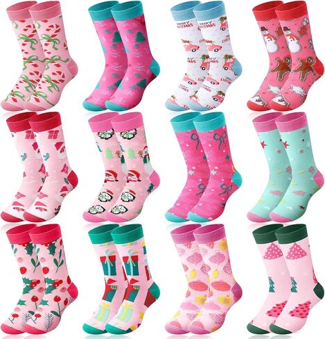 Ramede 12 Pairs Pink Christmas Socks for Women Bulk with Snowman Santa Xmas Crew Socks Holiday Gift for Stocking Stuffer Party Favors in Saudi Arabia