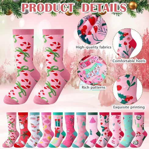 Ramede 12 Pairs Pink Christmas Socks for Women Bulk with Snowman Santa Xmas Crew Socks Holiday Gift for Stocking Stuffer Party Favors in Saudi Arabia